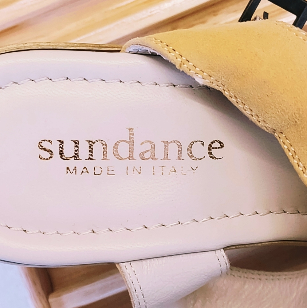 SUNDANCE LIGHT YELLOW SUEDE MADE IN ITALY CHUNKY HEEL SANDALS WOMEN'S SIZE 8 - Picture 7 of 11